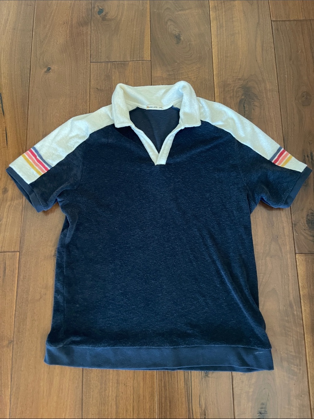 Marine Layer Navy Terry Polo with White Shoulder and Multicolor Stripe Accents